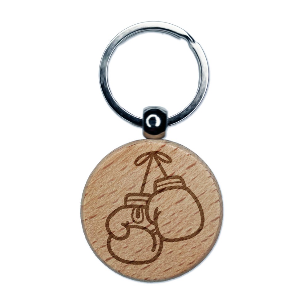 Boxing Gloves Hanging Engraved Wood Round Keychain Tag Charm