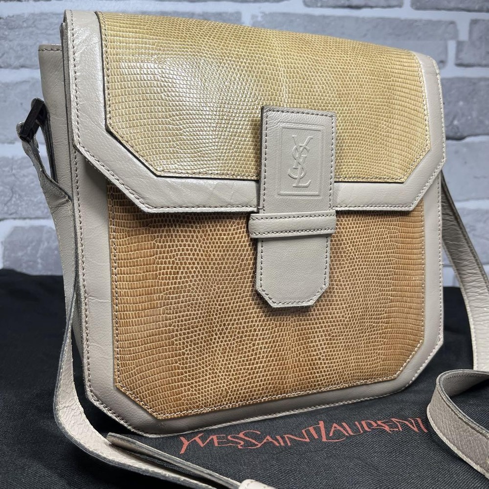YSL Cassandra Logo Shoulder Bag Beige and Brown Leather Crossbody 8.8 x 9 x 2 in
