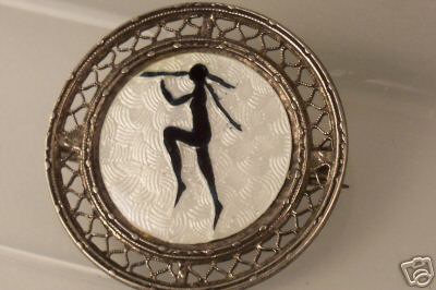 Vintage Art Deco Sterling Silver Filigree Enamel Brooch