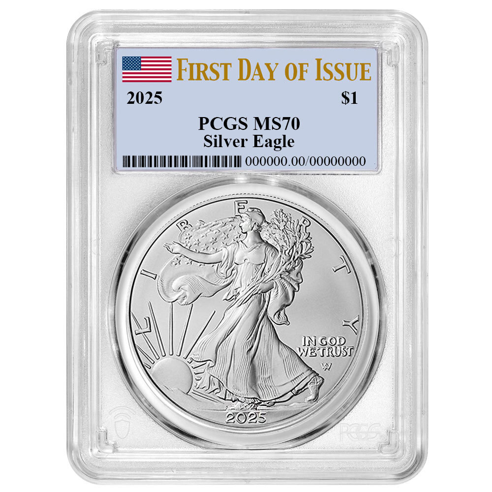 2025 $1 American Silver Eagle PCGS MS70 FDOI Flag Label