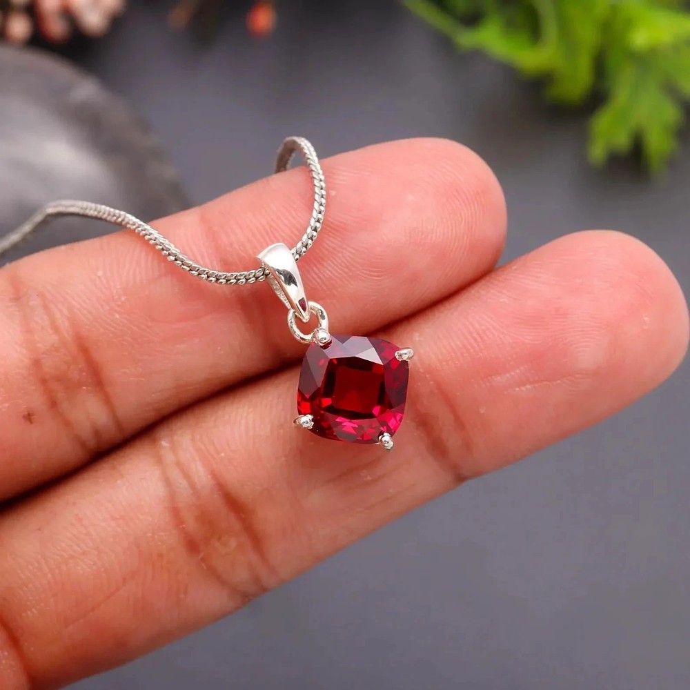 Cushion Cut Natural Ruby Necklace, 925 Silver Minimalist Pendant 15 Ct