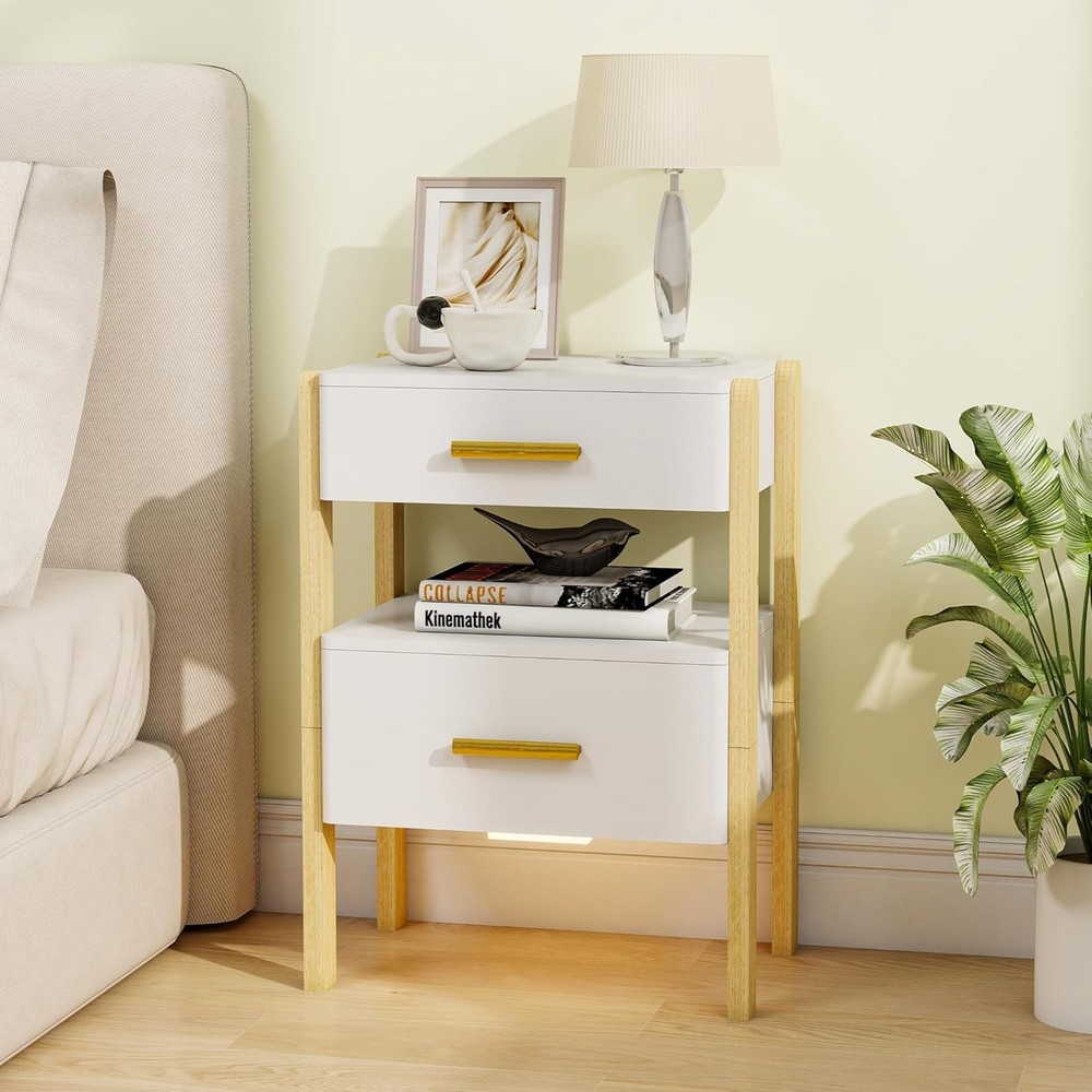 Solid Wood Nightstand with 2 Drawers and Open Shelf in White