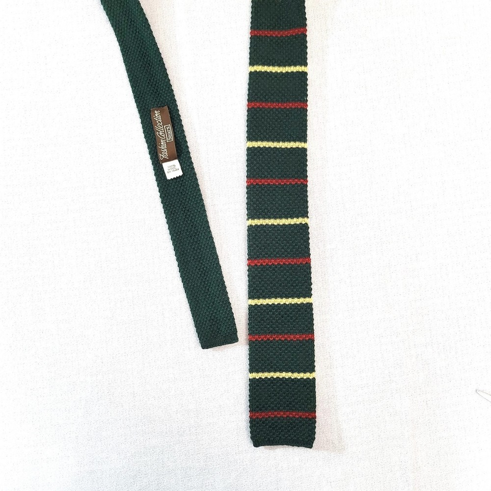 Vtg Sears Fashion Collection Wool Tie Green Red Yellow Striped Square Bottom