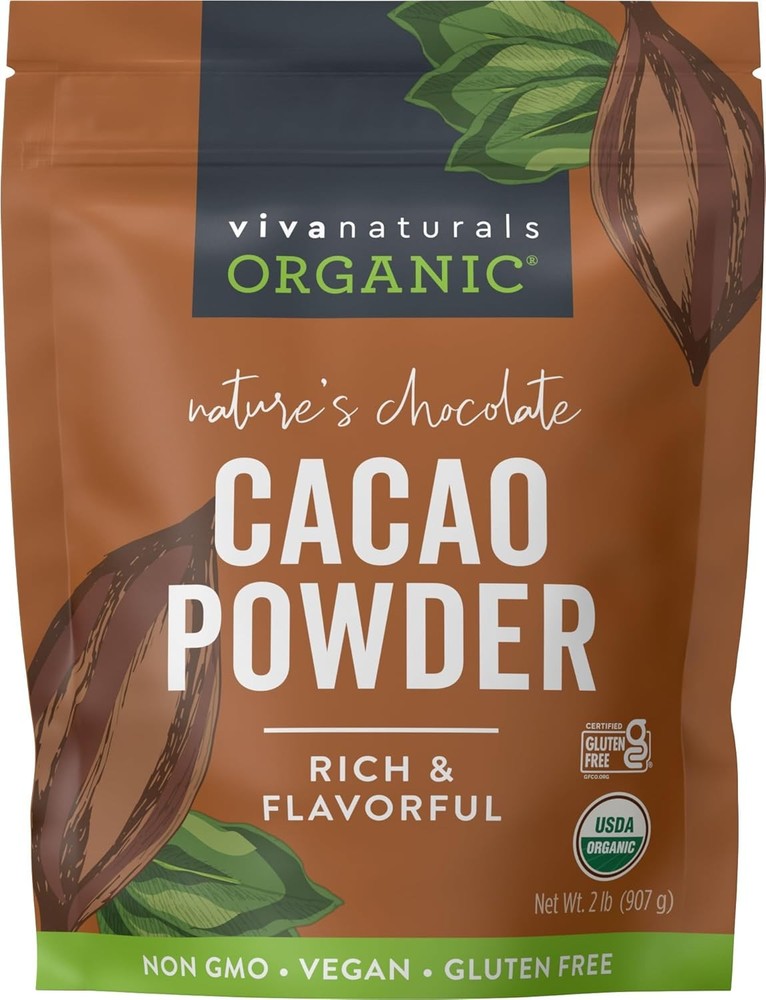 Organic Unsweetened Cacao Powder by Viva Naturals, 2lb Pack