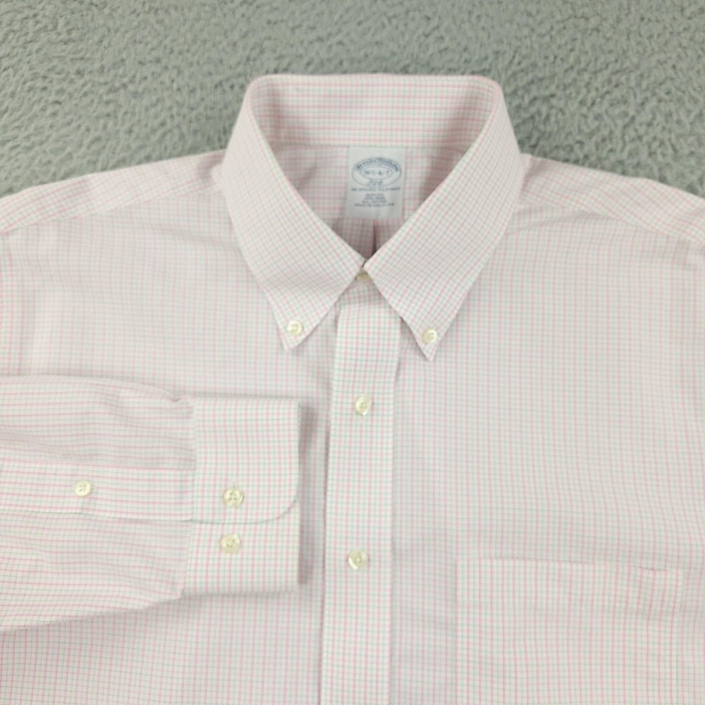Brooks Brothers 346 Dress Shirt Mens 16.5 Pink Check Slim Non Iron Cotton
