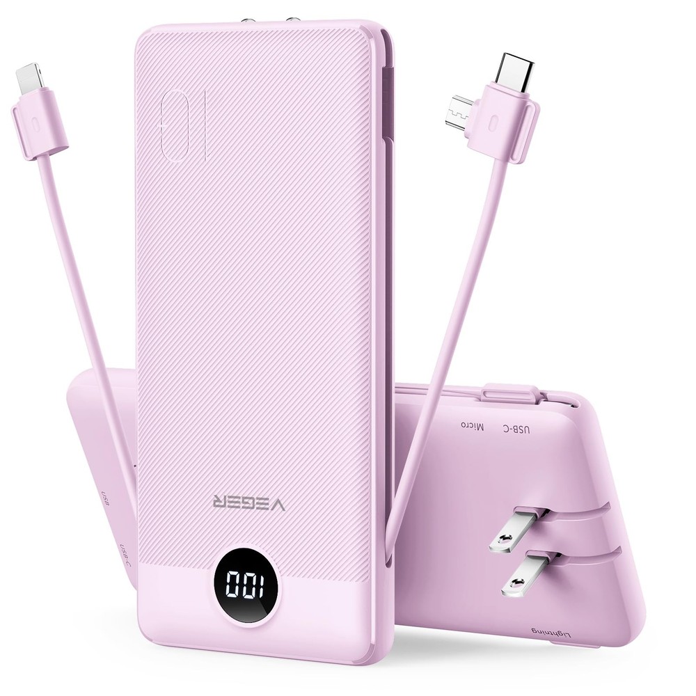 Portable Charger for iPhone Built in Cables and Wall Plug, 10000mah Slim Fast...