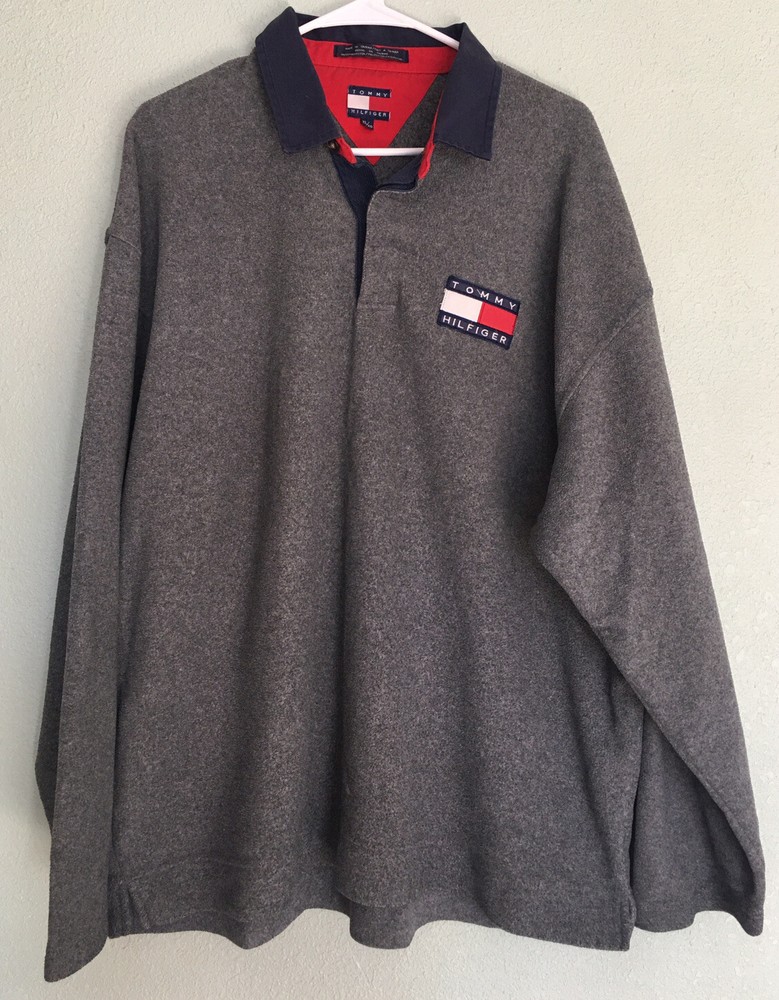 Vintage Tommy Hilfiger XL Fleece Pullover Collared Sweatshirt Grey