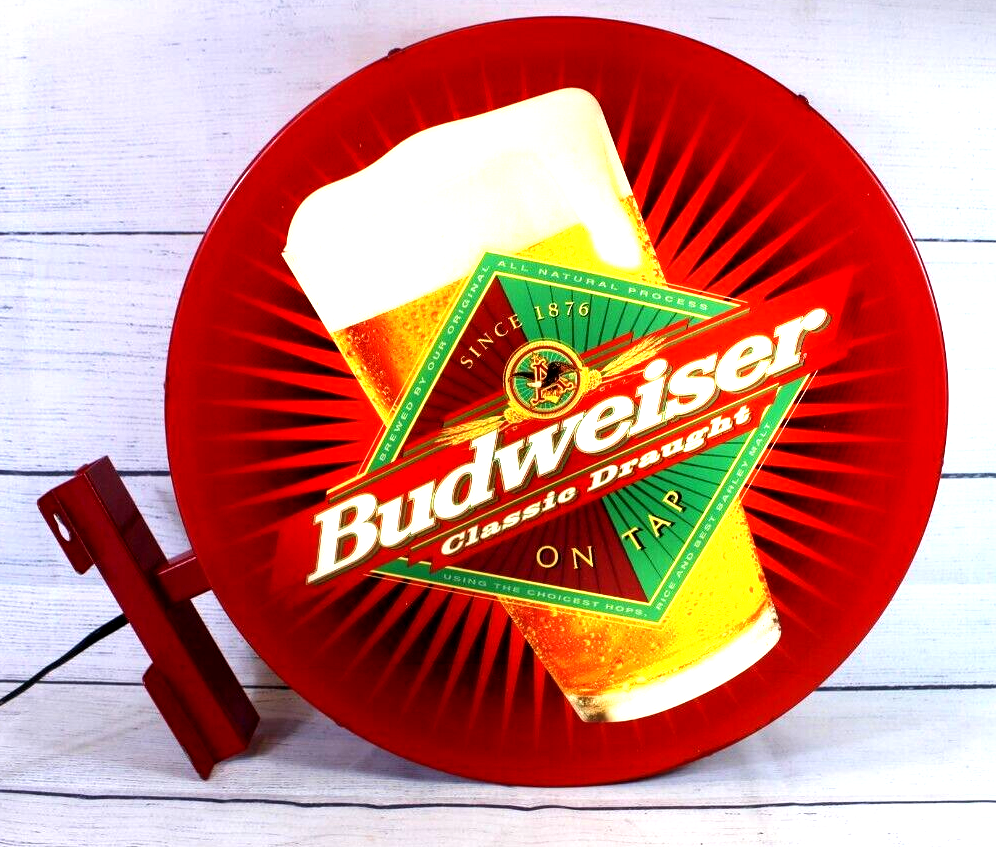 Budweiser Beer Classic Draught On Tap Lighted Pub Bar Sign 2 Sided Working Nice!