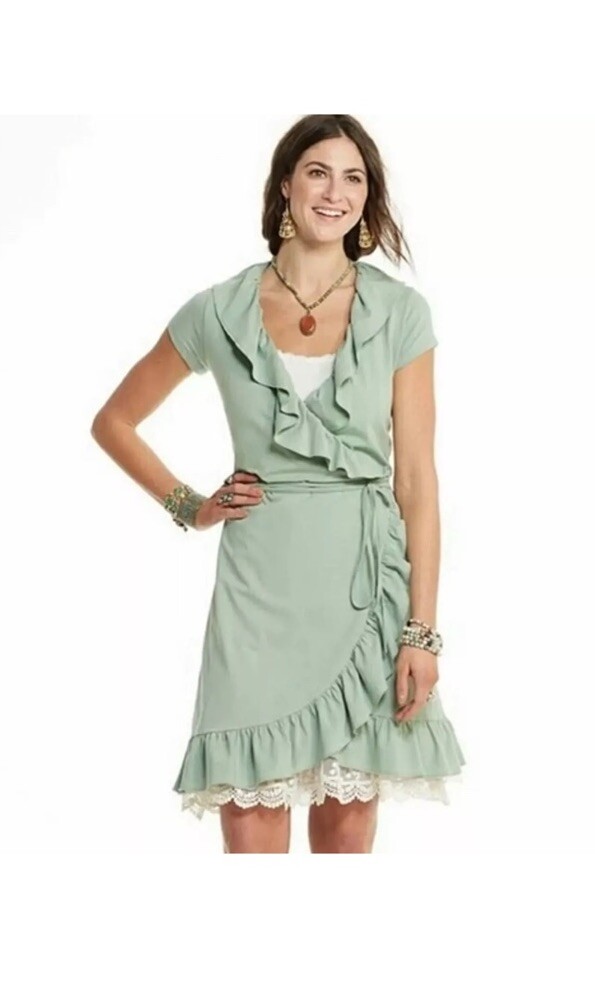 MATILDA JANE Sage Green Jersey Light As Air Wrap Ruffle Dress Size Small
