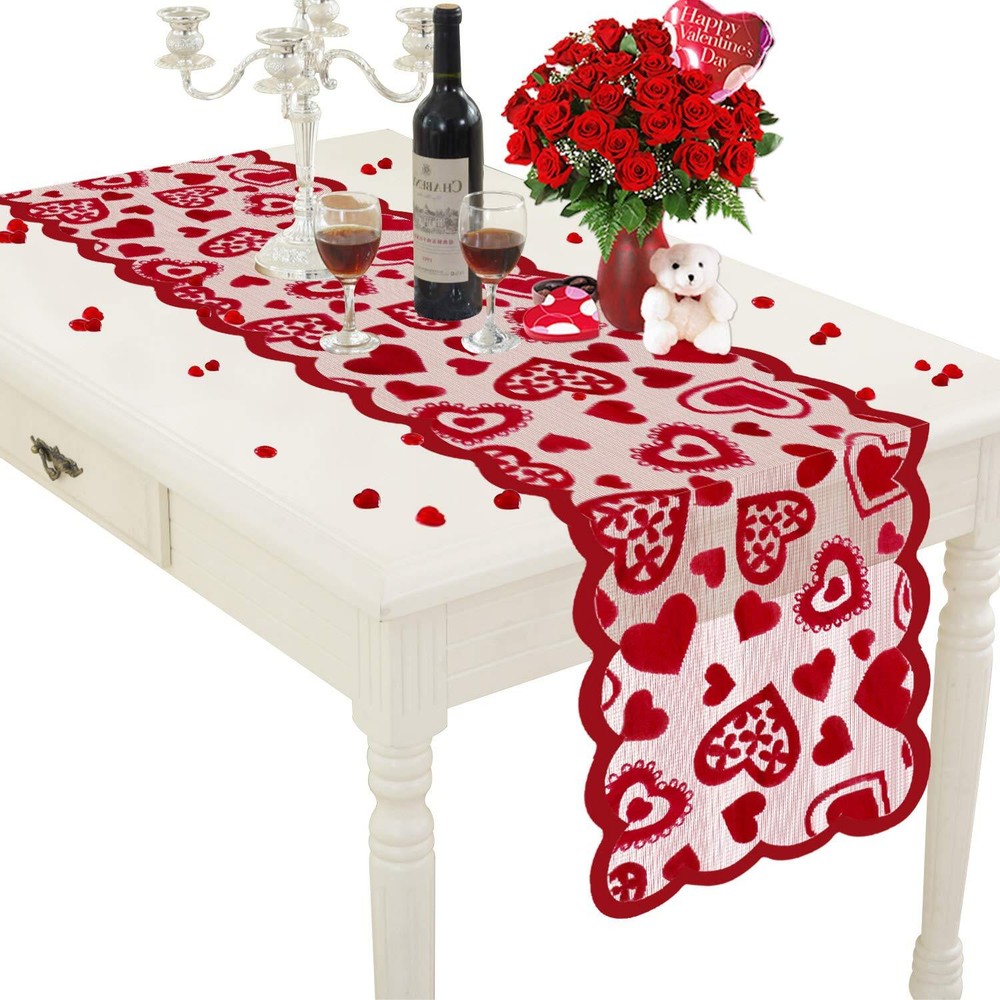 Valentines Day Decor Table Runner 13 x 72 Inch Red Lace Table Runner for Wedding