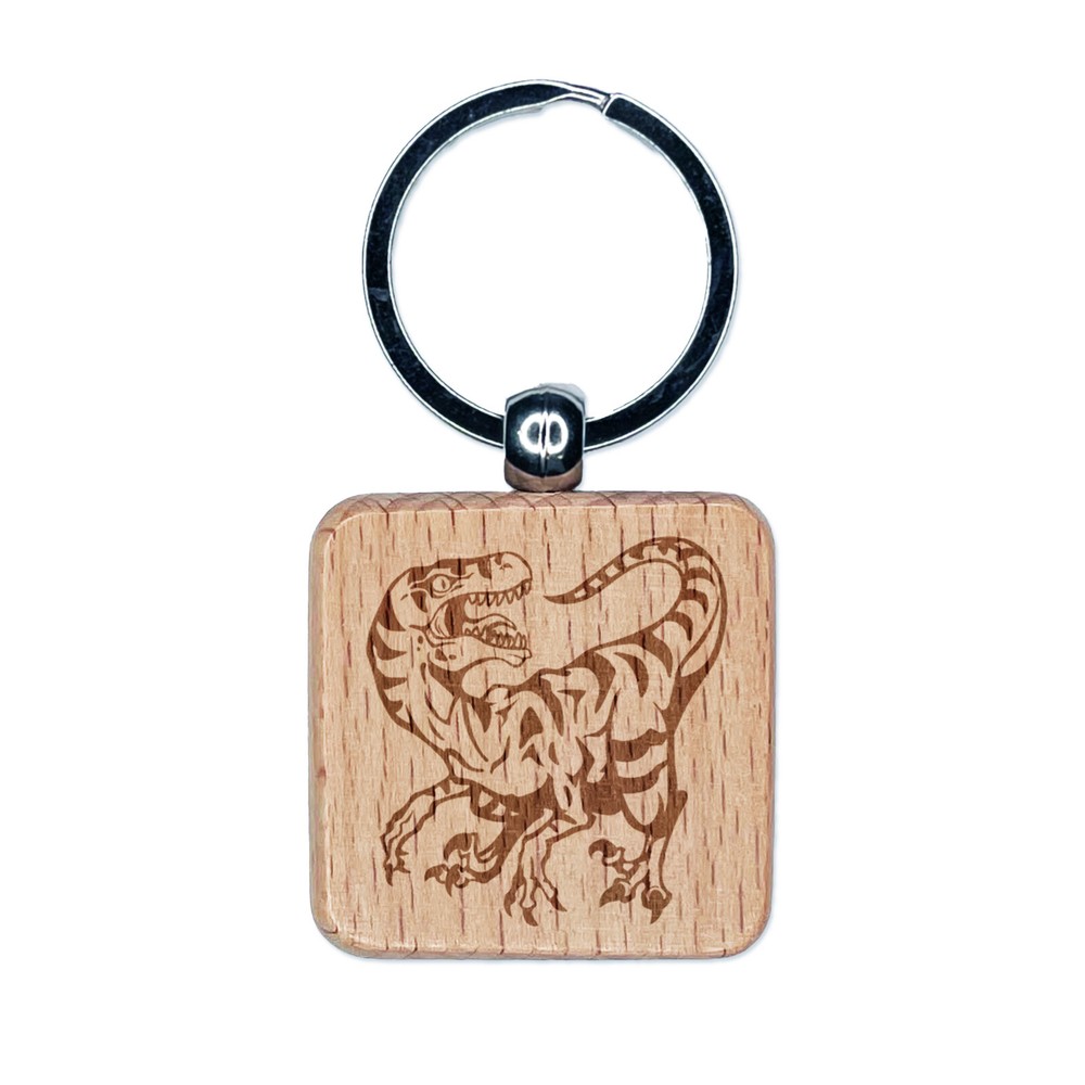 Velociraptor Wood Keychain with Striped Engraved Design