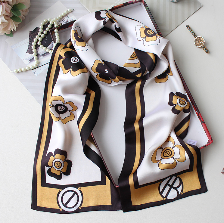 100% Silk Mulberry Bandanna Scarf 150x16cm Mechanical Flower Design Shawl Neckerchief