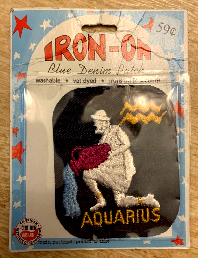 AQUARIUS 1970s Zodiac Horoscope Embroidered Iron-On Denim Patch in Blue NIP