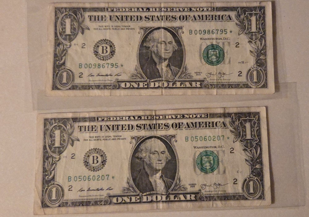2013 One Dollar Bill Star Note Fancy Serial Number B series (Lot of 2)
