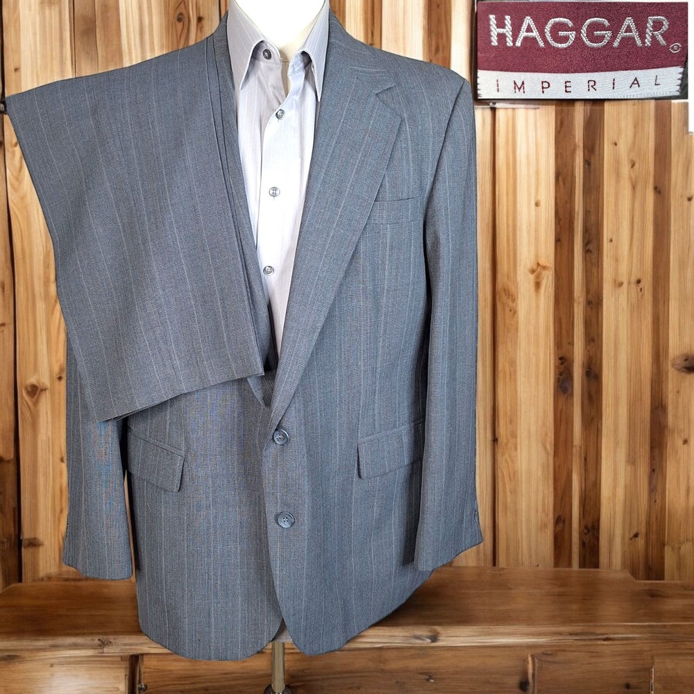 Haggar Imperial 2 Piece Suit Mens 42R 34X30 Gray Stripe Vintage Made in USA