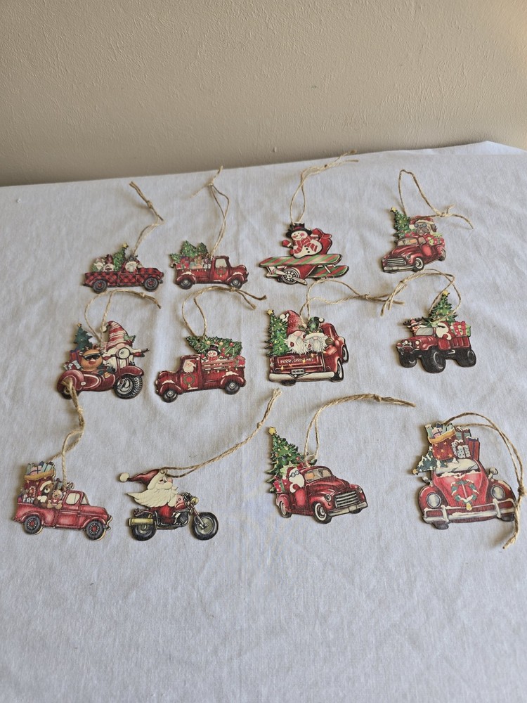 12pc Set Of Wood Red Truck Hanging Christmas Tree Ornaments Holiday Decorations