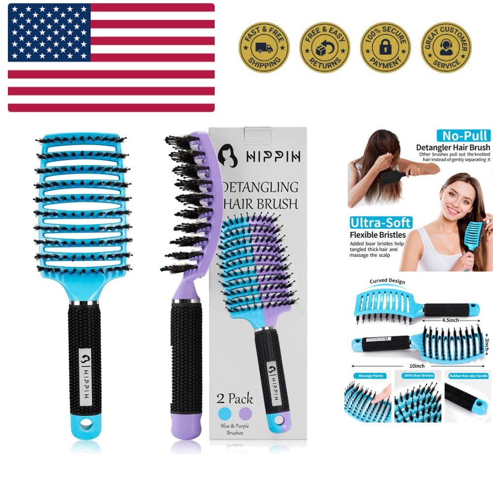 2 Pack Boar Bristle Hair Brush, Wet & Dry No Pull Curved Vented Hair Brush, S...