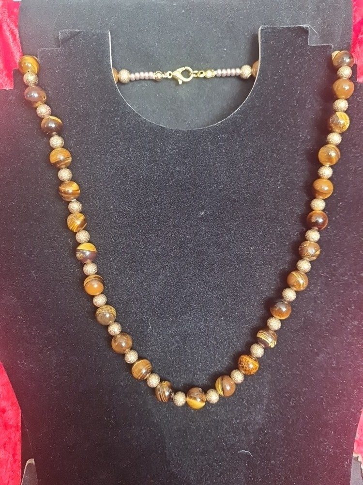 Tigers Eye Beaded Necklace Hand Knotted Natural Stone