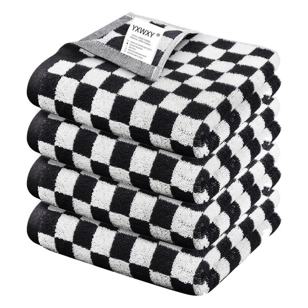 Checkered Hand Towels for Bathroom 4 Pack Cotton Terry Checkered Kitchen Dish...