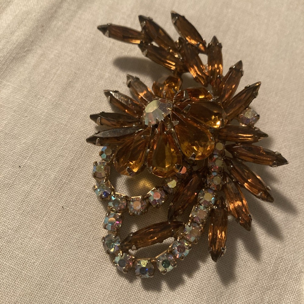 Vintage Rhinestone Floral Brooch with amber colored and aurora borealis stones