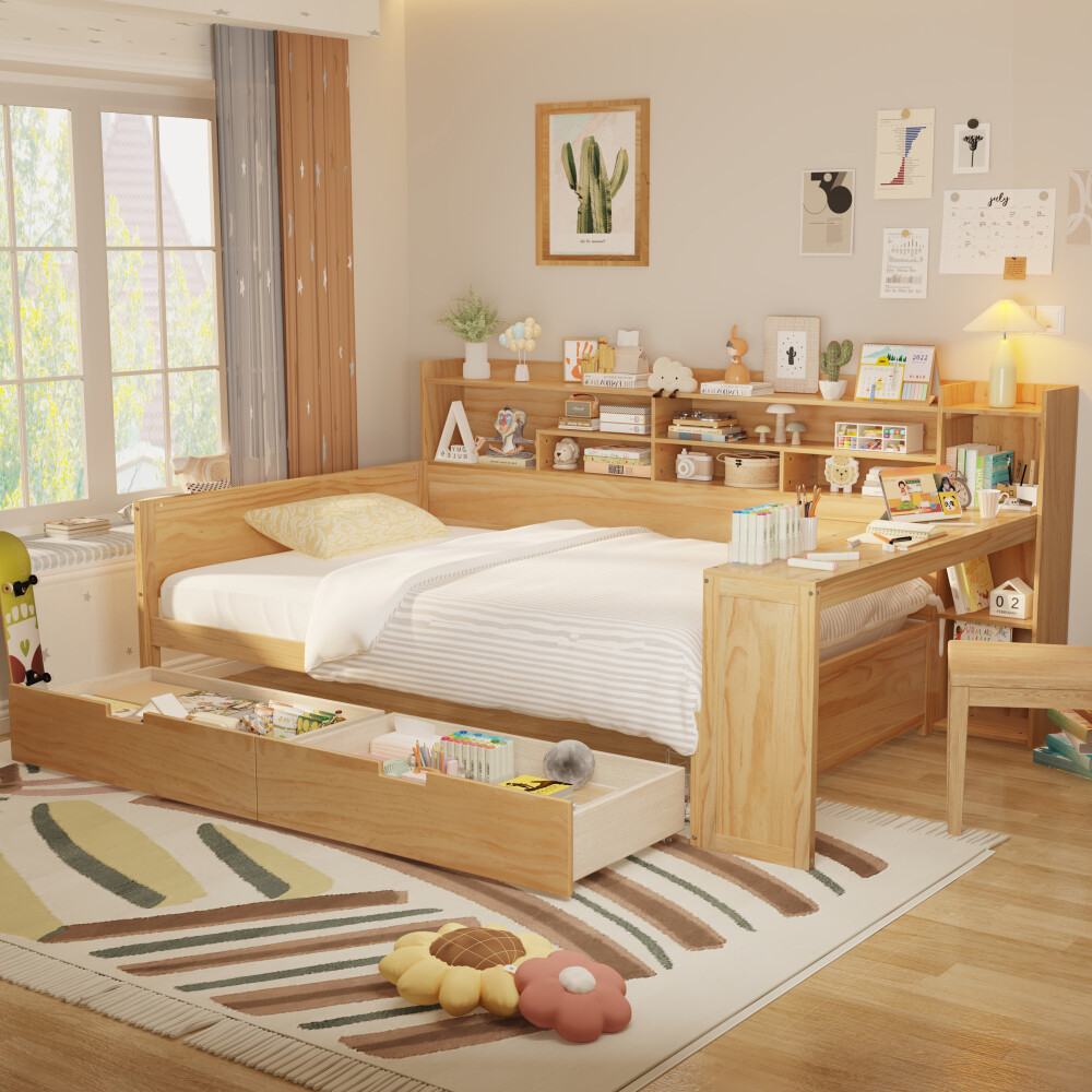 Wooden Full Size Daybed with 2 Drawers & Built-in Desk - Space-Saving Multi-Functional Design in Natural Finish