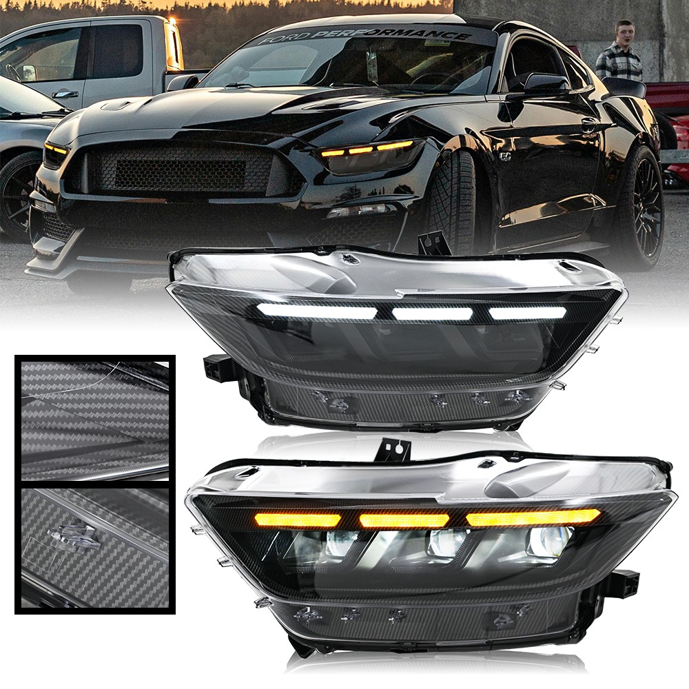 Pair Plated LED Headlights For Ford Mustang 2015-2017 Front Head Lamps Projector