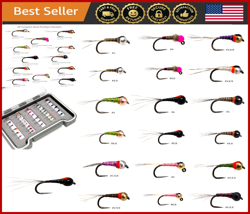 36 Tungsten Bead Perdigon Nymphs Fly Fishing Flies Set Trout Lures Box