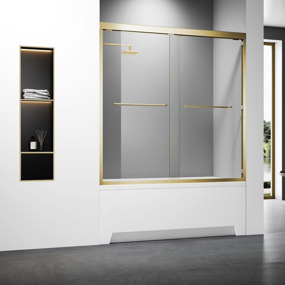 60W x 57H Gold Frameless Bathtub Shower Door Glass Panel