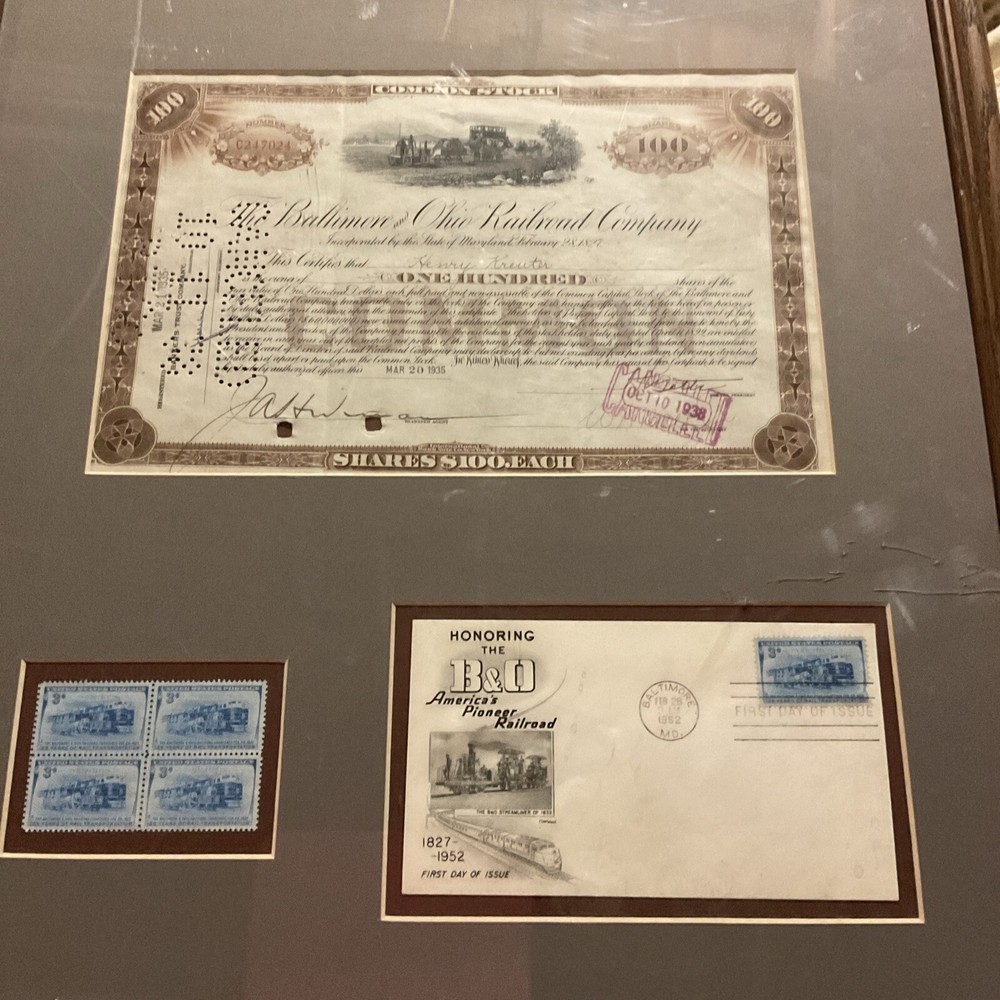 1935 Baltimore & Ohio Railroad Stock Certificate with Stamps and Original Envelope
