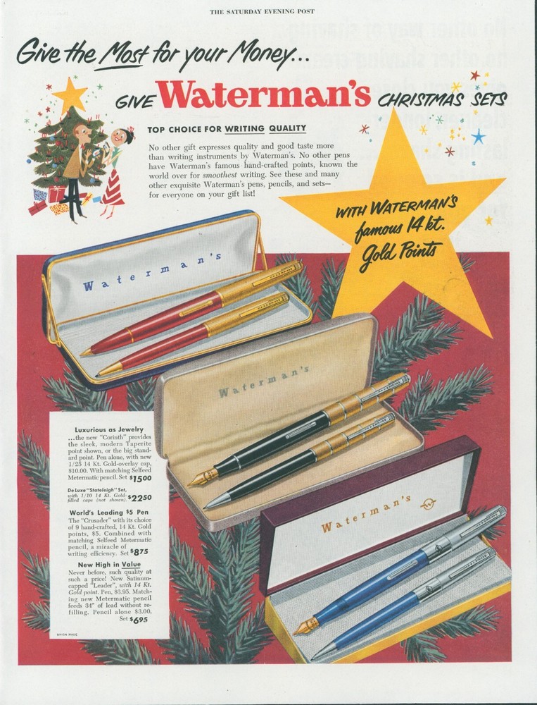 1950 Watermans Christmas Pen Sets 14KT Gold Points Tree Vintage Print Ad SP7