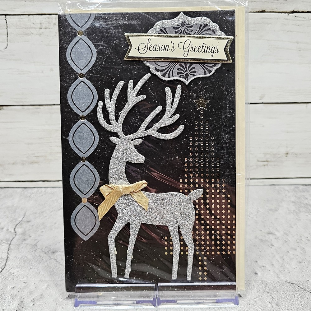 Voila 6x8 Glitter Christmas Card Black Silver Reindeer Gold Tree Shiny