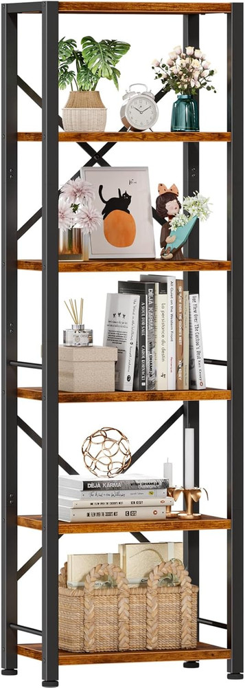6 Tier Tall Bookshelf, Industrial Narrow Bookcase, Display Standing Shelf Units,