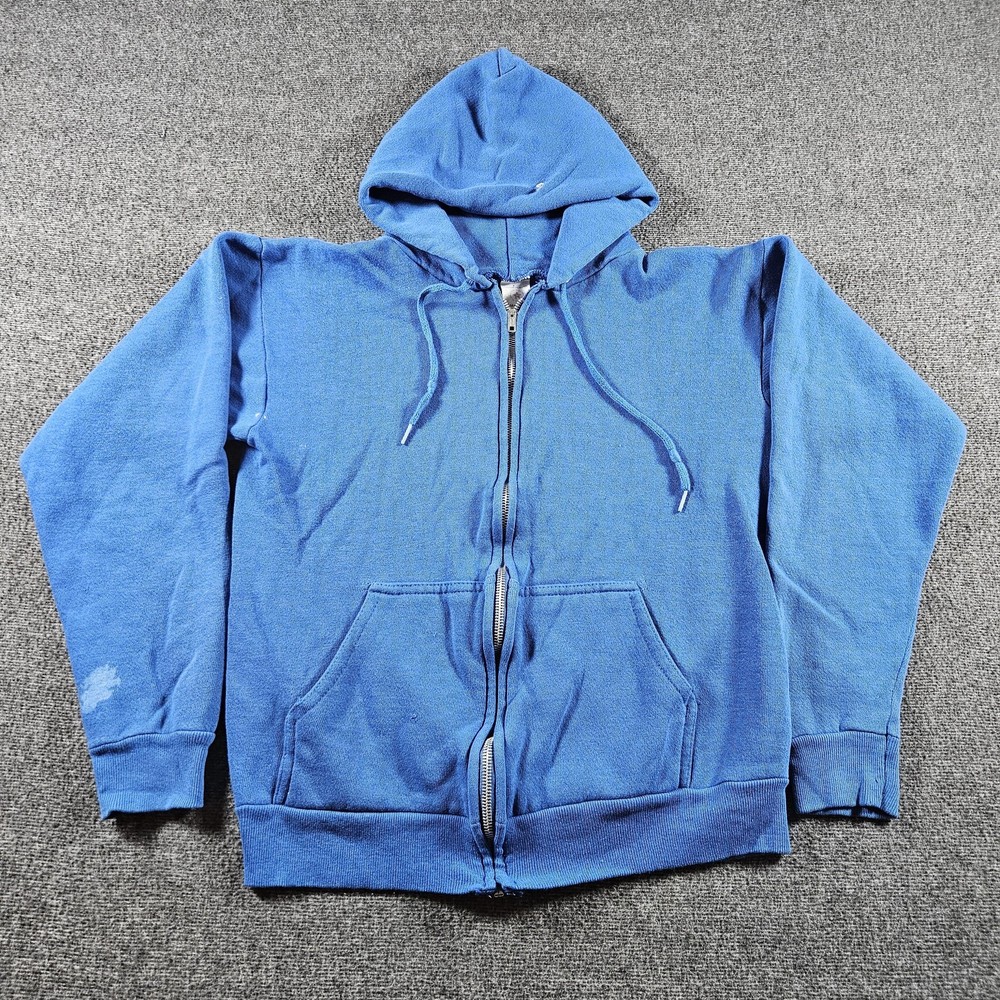 Vintage Tultex Hoodie Mens Medium Blue Zip Up Sweatshirt Made USA 70s 80s