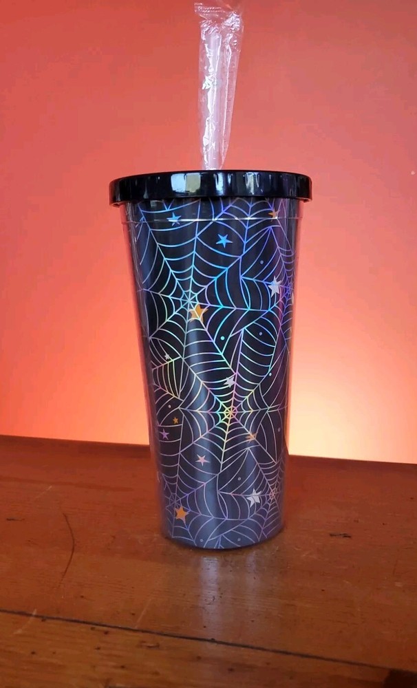Halloween Spider Web Tumbler Plastic BPA Free Screw On Lid And Straw