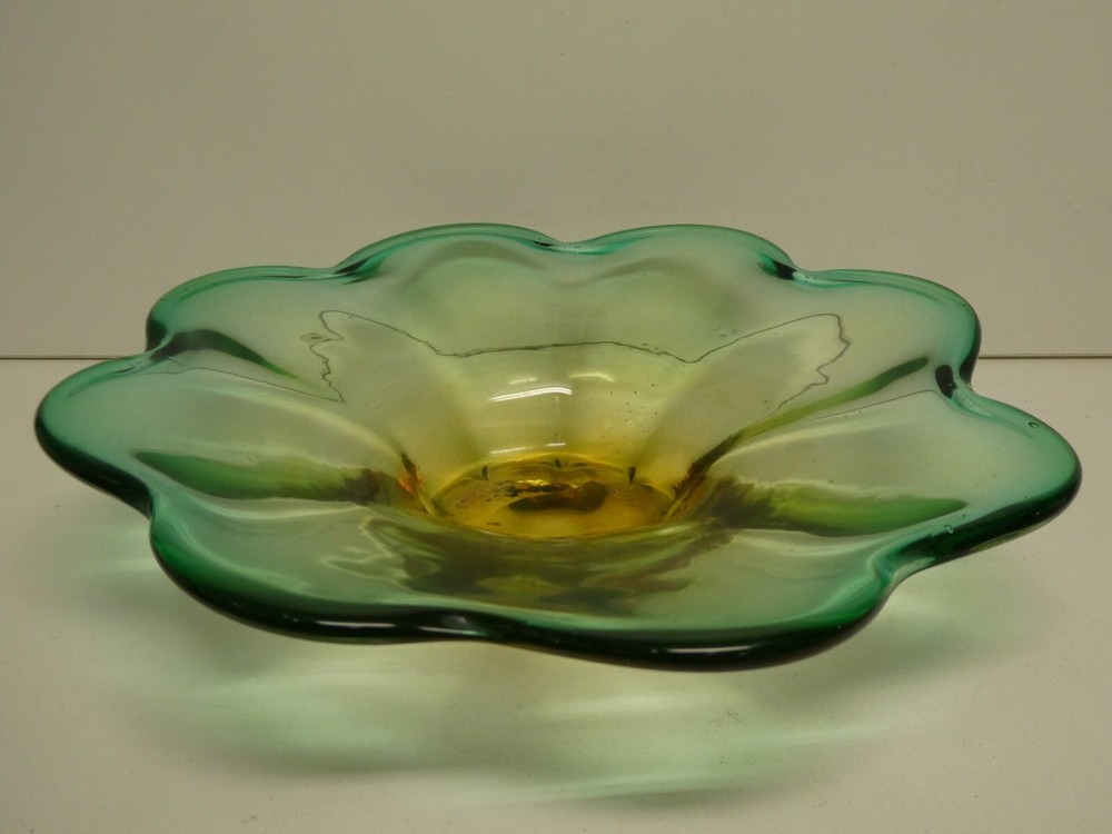 Vintage Mid Century Studio Art Glass Bowl in Cased Amber Green Flower Shape