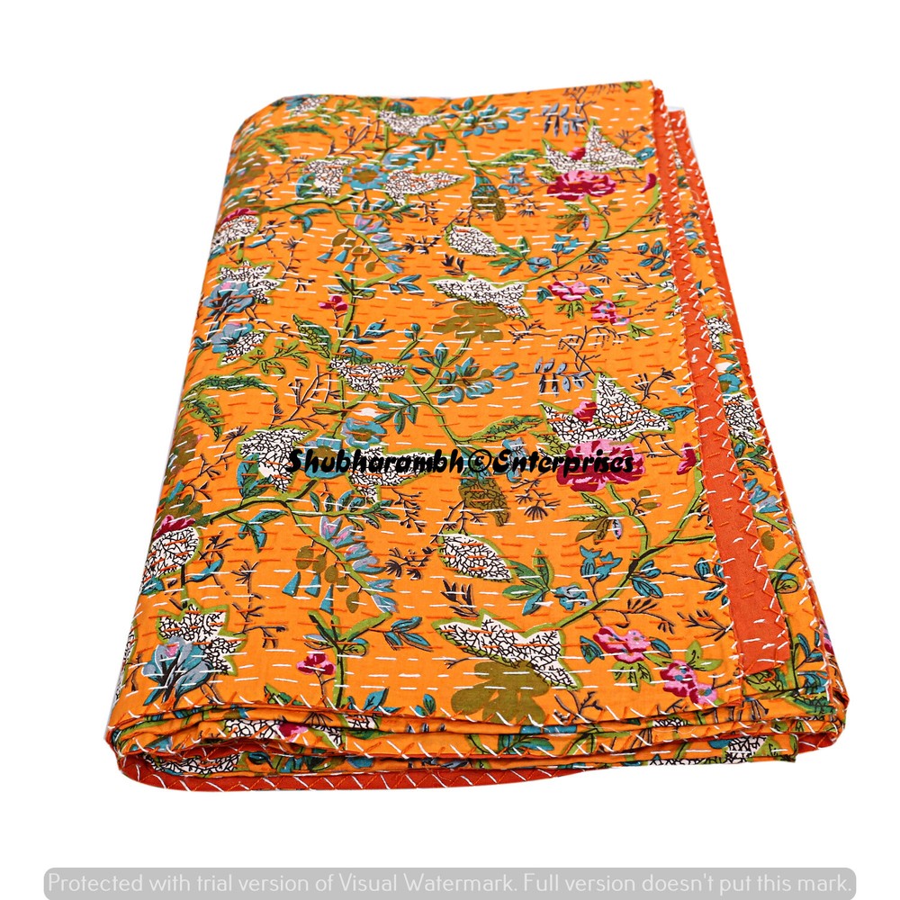 Indian Orange Floral Kantha Throw Blanket Reversible Comforter Handmade Blanket