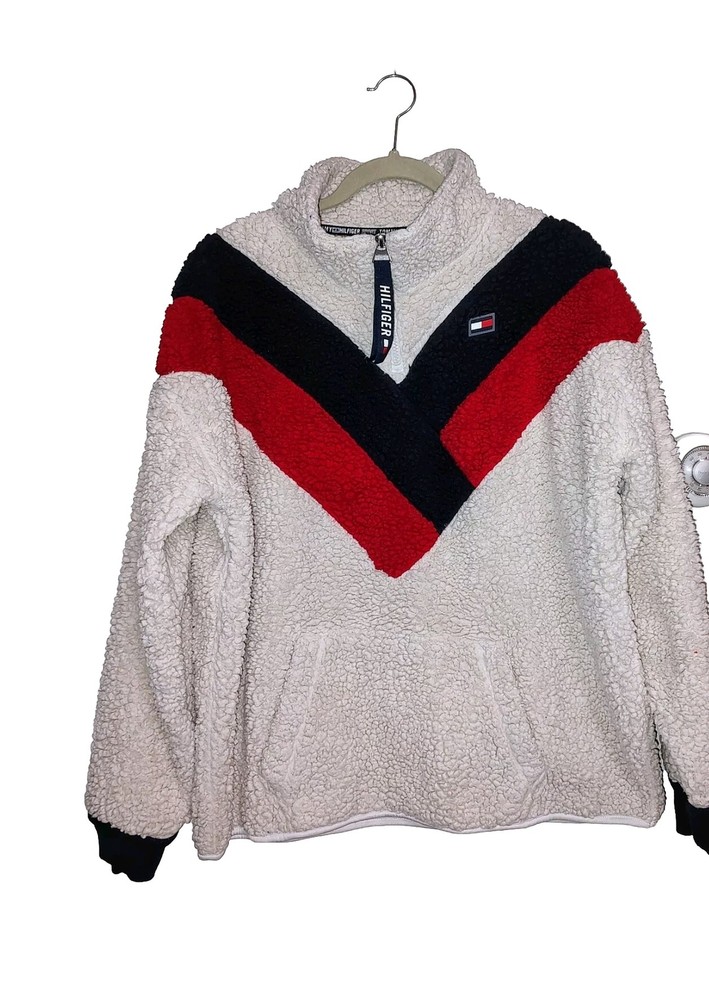 Tommy Hilfiger Womens Colorblock Chevron Sherpa Faux Fur Pullover Sweatshirt Size XL