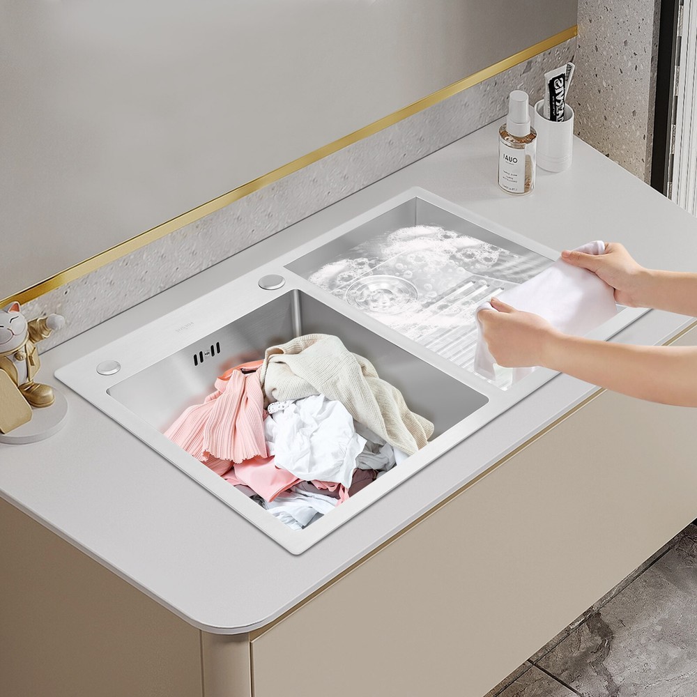 Stainless Steel Double Laundry Sink with X-Shaped Drain Grooves-image