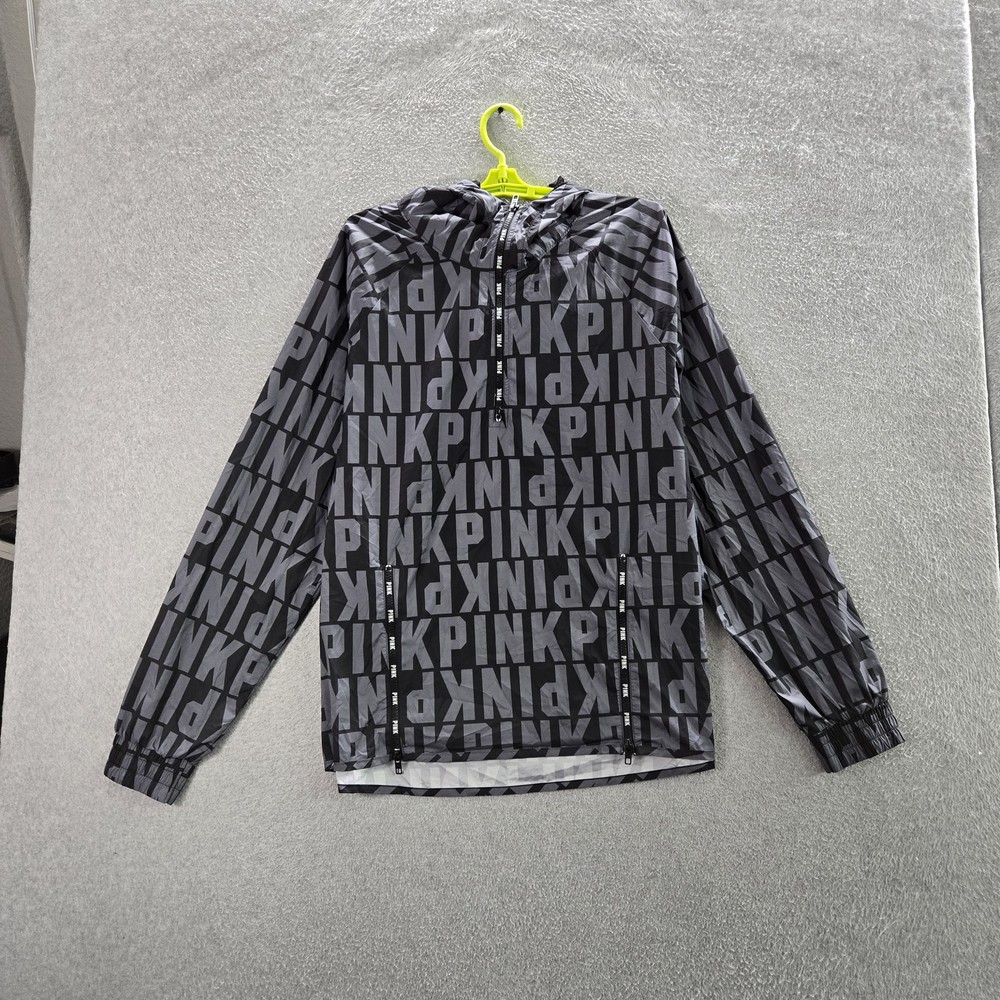 PINK Victoria's Secret Women Jacket M Black Logo Allover Print Quarter Zip