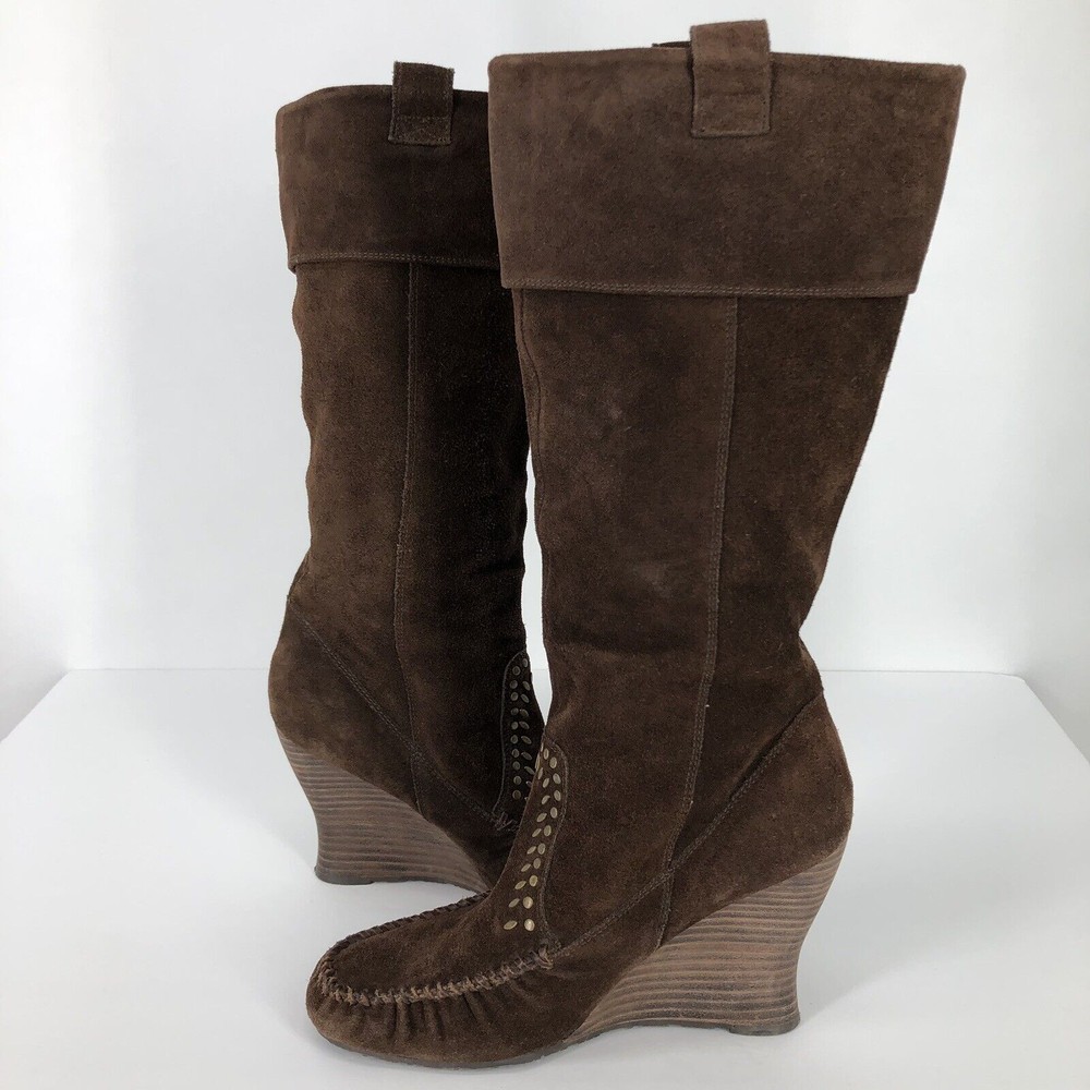 Sam Edelman Womens 10 Boots Wedge Calf Studded Brown Suede Leather Boho