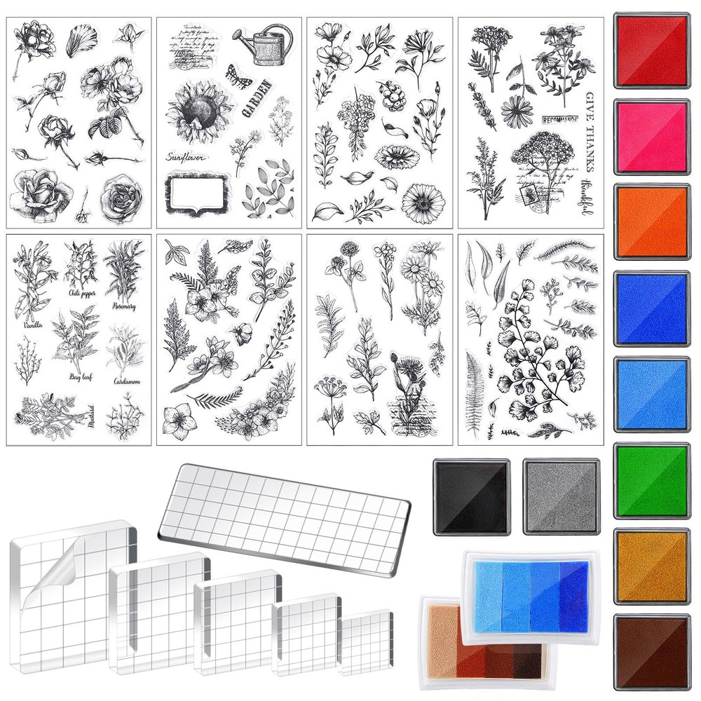26 Pieces Acrylic Stamp Blocks Tools Set Including 8 Plants and Flower Silico...