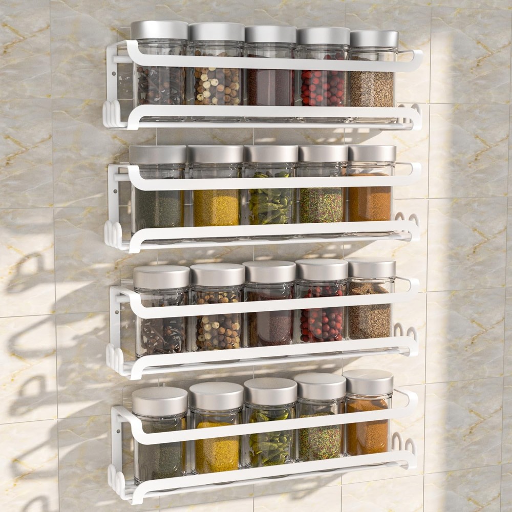 LUCYCAZ 4 Pack Wall Mounted Spice Rack with 16 Hooks, Spice Organizer Shelf f...