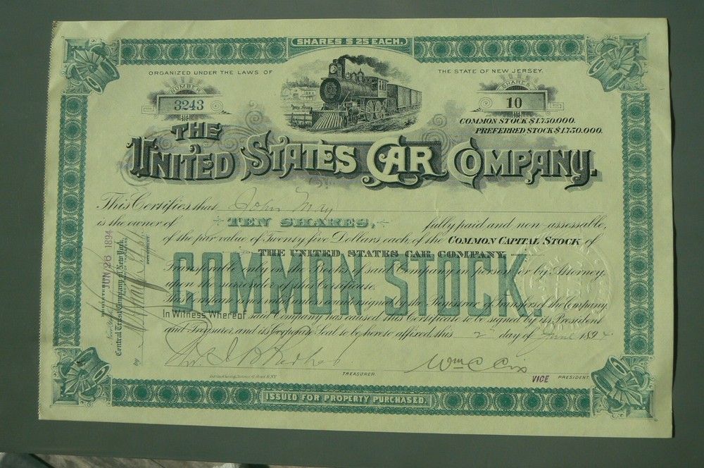 1894 United States Car Company Stock Certificate Railroad Car Manufacturer