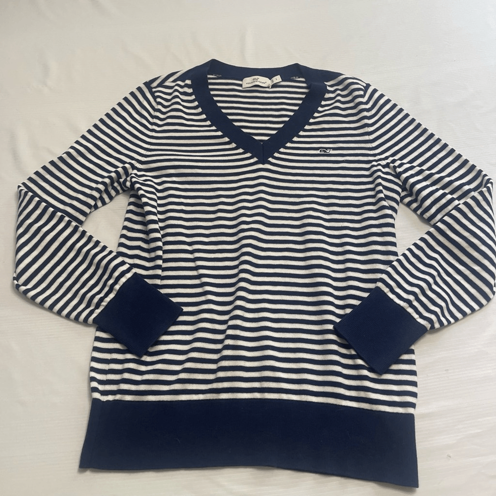 Vineyard Vines Heritage Stripe Women’s Blue White V Neck Sweater Size Small