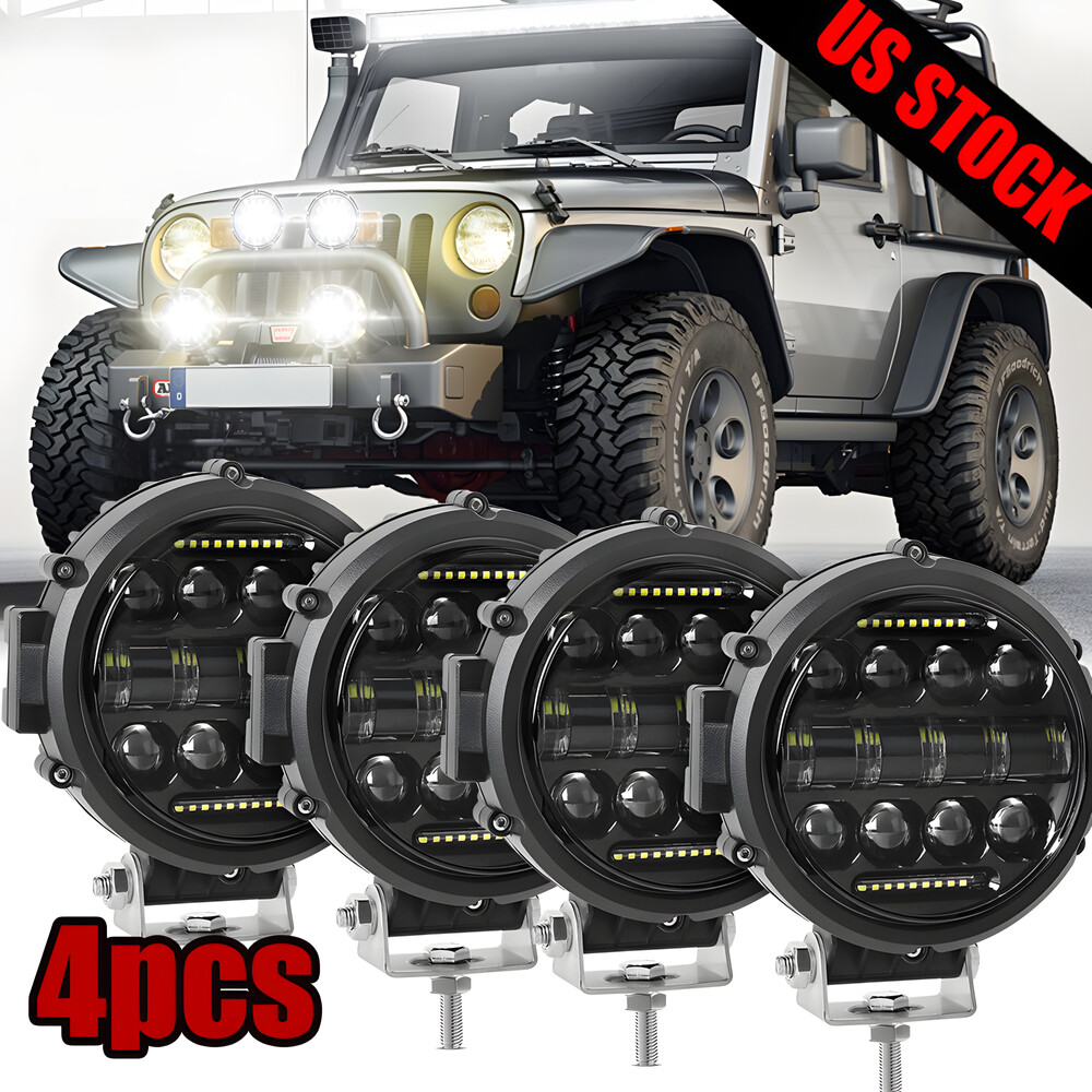 4PCS 7'' Round LED Work Light Bar Pods Driving Fog Headlight Truck Off Road SUV