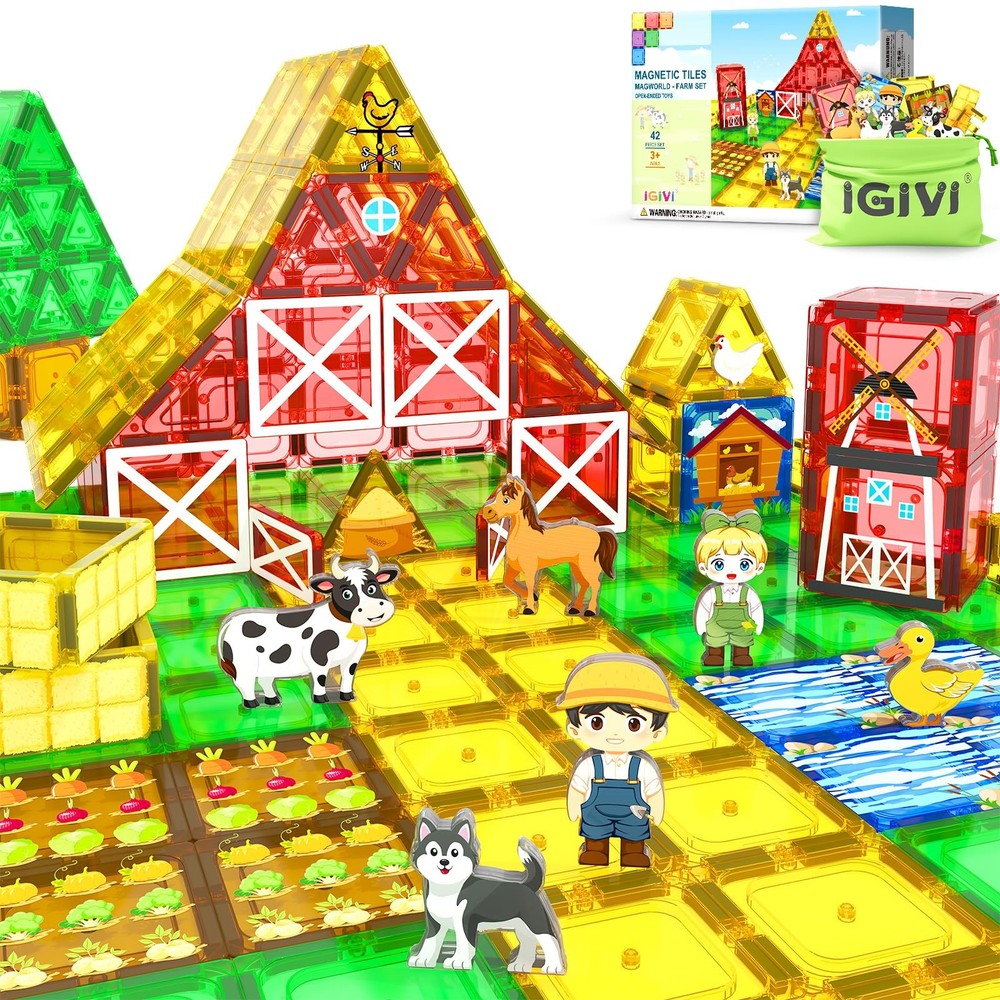 Magnetic Farm Animal Tiles STEM Building Blocks for Toddlers Kids