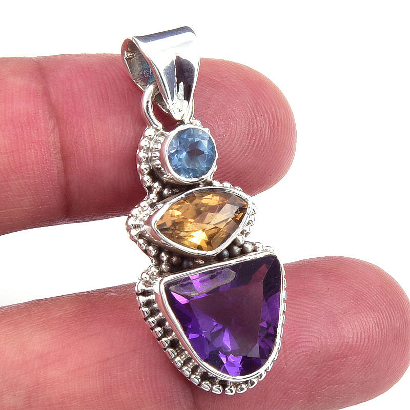 Natural African Amethyst Citrine 925 Solid Sterling Silver Pendant 1.50 Inches