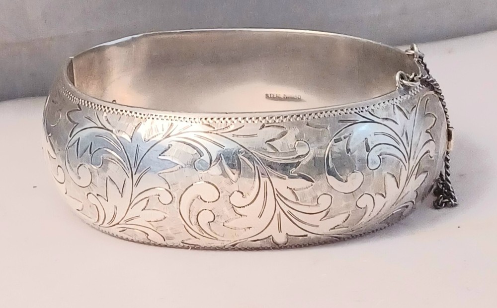 Sterling Silver 950 Wide Etched Hinged Bangle 1 1/8 Inch Width