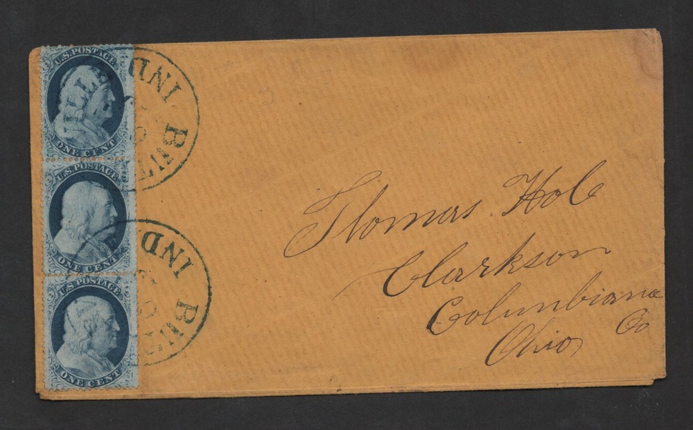 US 1857 ONE CENT BEN FRANKLIN STRIP OF 3 SHOWING THE 