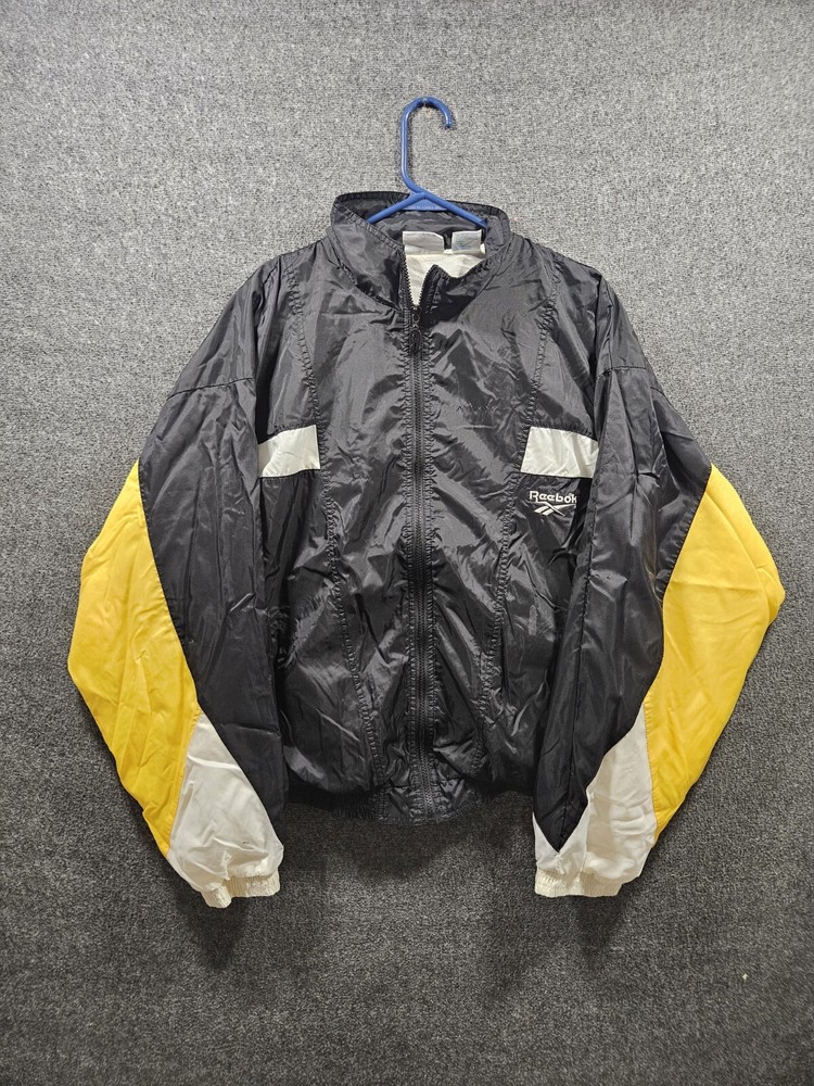 Vintage 90s Reebok Black Yellow White Windbreaker Size L Pre-Owned Fast Shipping